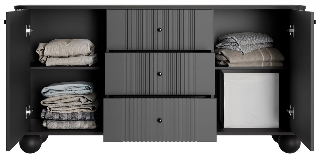 Vesper komód 160 cm fiókokkal gömb lábakon - fekete / fekete fogantyúk