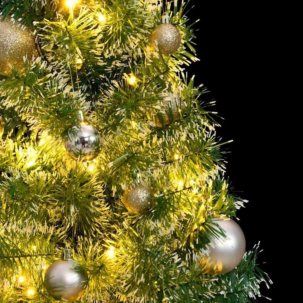 műkarácsonyfa 150 LED-del, gömbszettel és hópehellyel 120 cm