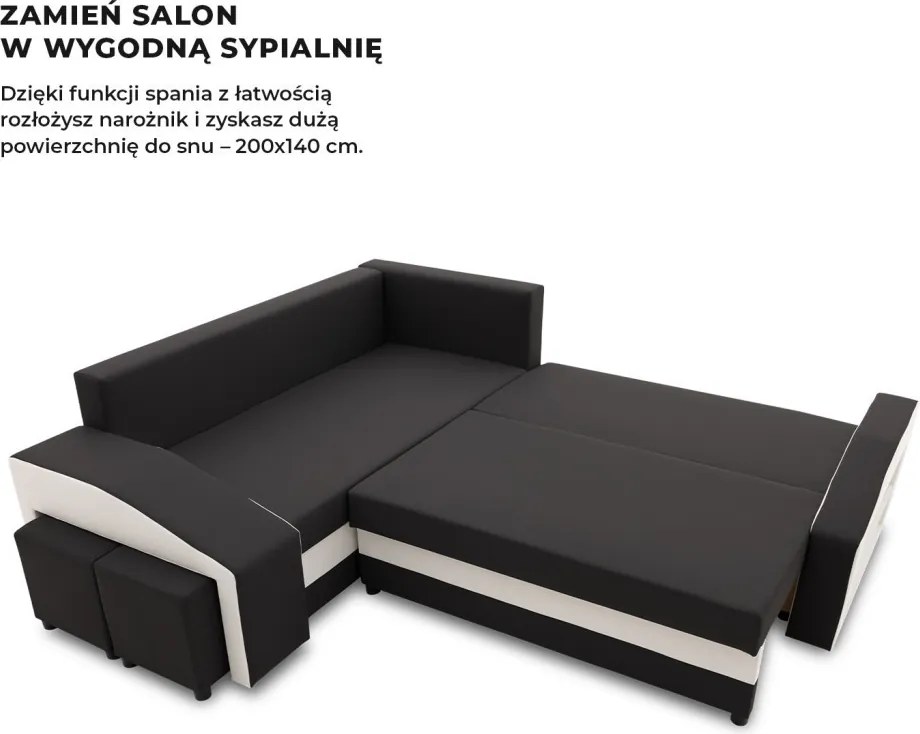 Grande sarokkanapé polcokkal és puffokkal , polc a jobb karfaban puffok a bal karfaban, baloldali, szövet anyag, bonell töltet, fekete - fehér