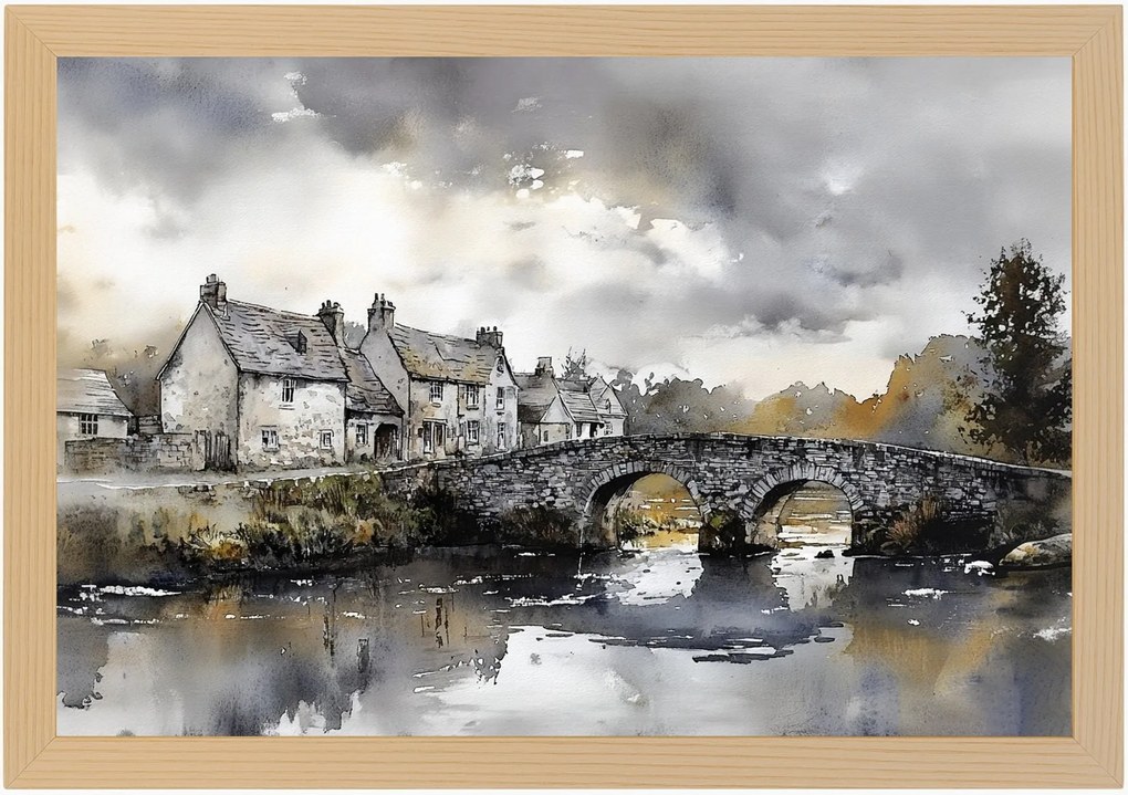 Poszter Keret Fa Tájkép Anglia Város Házak Folyó Híd 60x40