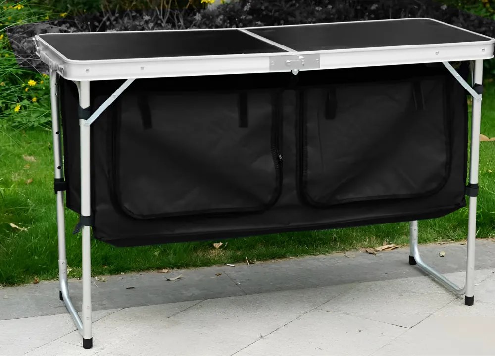 Összecsukható kempingasztal rendszerezővel, 120 cm, alumínium/MDF, KEPI TYP 3