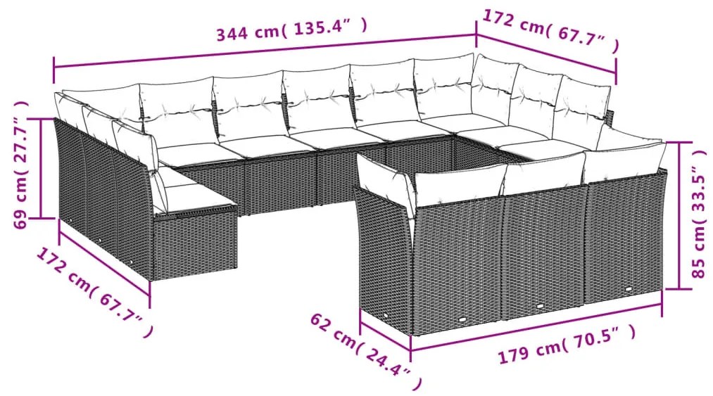 13 részes fekete polyrattan kerti ülőgarnitúra párnákkal