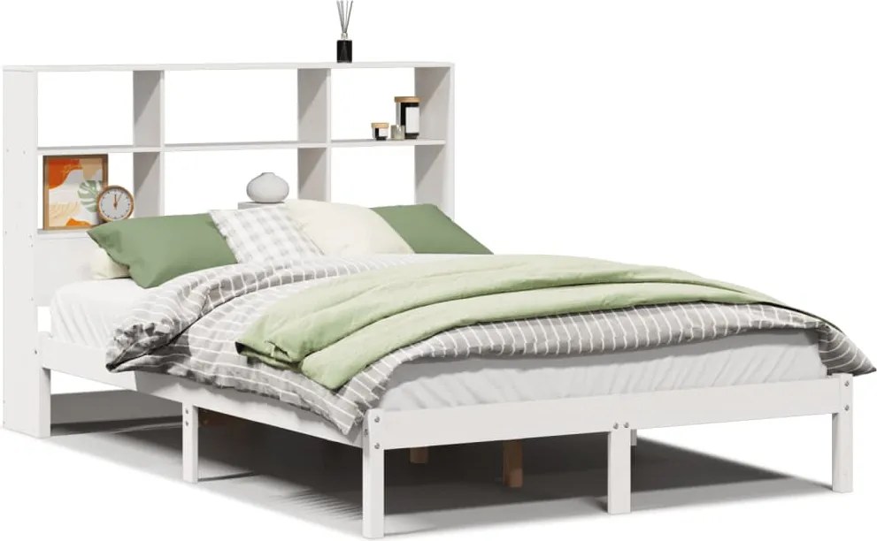 vidaXL fehér tömör fenyőfa könyvespolcos ágy matrac nélkül 140x200 cm