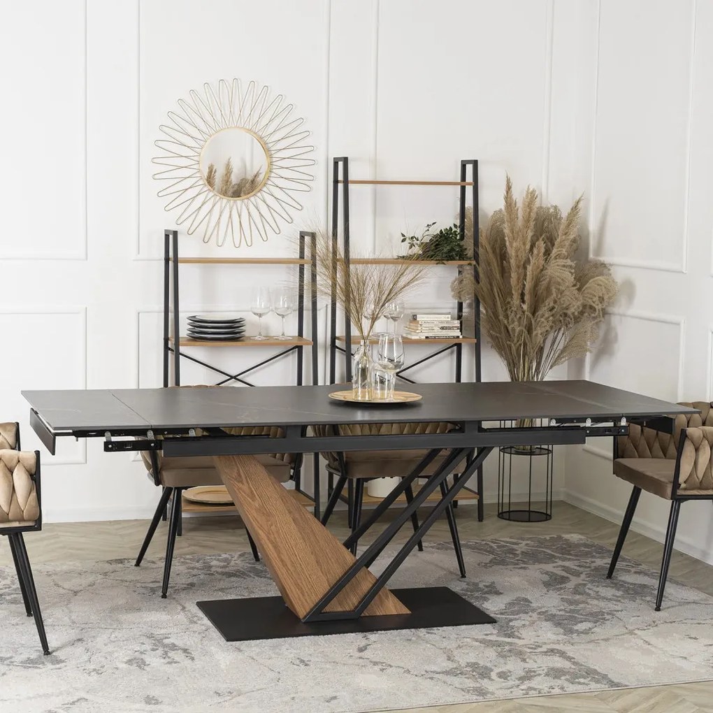 Stół REX Ceramiczny Rozkładany 160-220 cm Czarny márvány/Orzech