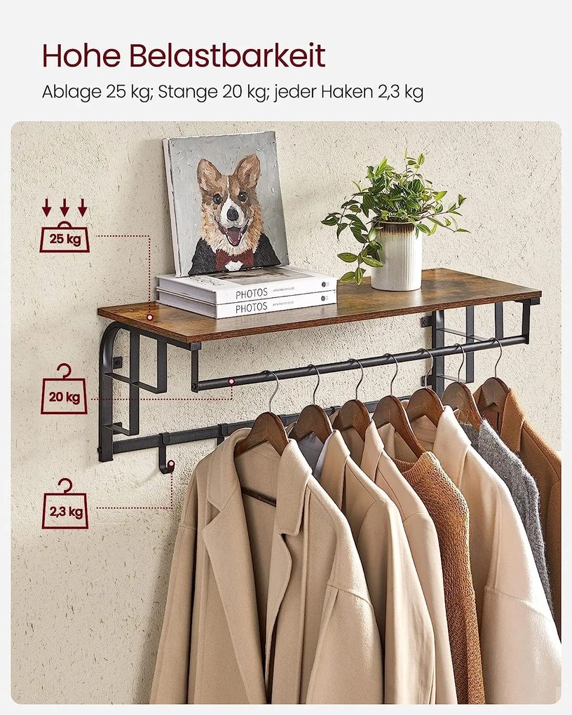 Falra szerelhető akasztós polc, kabáttartó rusztikus barna