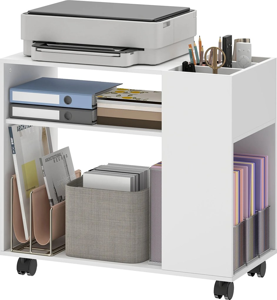 HOMCOM nyomtatóállvány osztható rendezővel, polcokkal és fékezőkerekekkel — kompakt irodai kocsi nyomtatóhoz, faxhoz és szkennerhez, 70 x 34 x 60 cm,