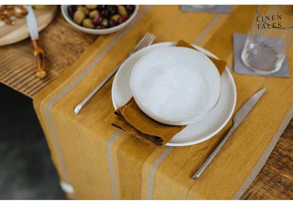 Len asztali futó 200x200 cm Amber Bronze Stripes – Linen Tales