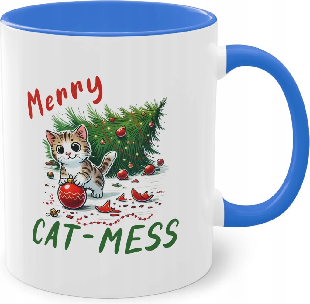 Kék nyomott mintás bögre Karácsonyi rendetlenség macska cicával Merry Cat-Mess