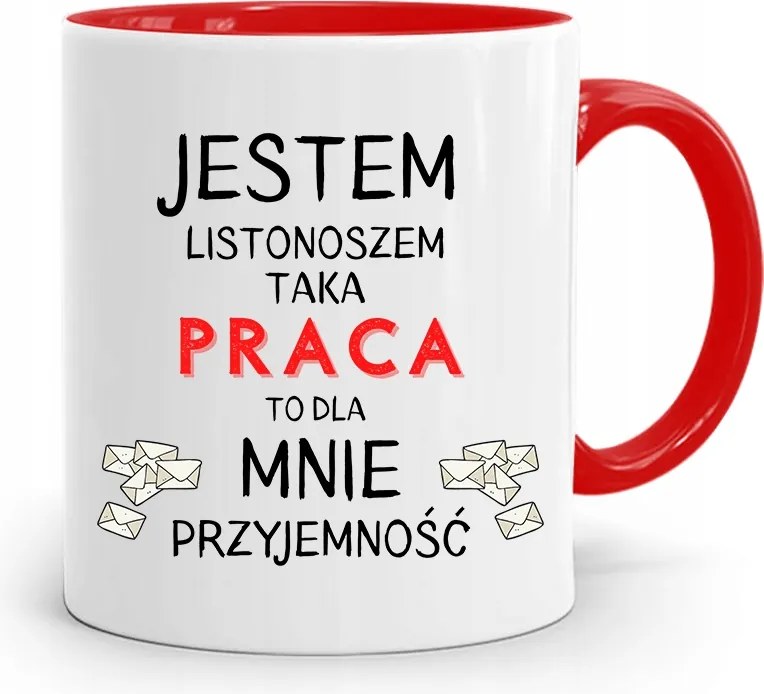 Piros Bögre Ajándék Postásnak Vagyok nyomott mintával