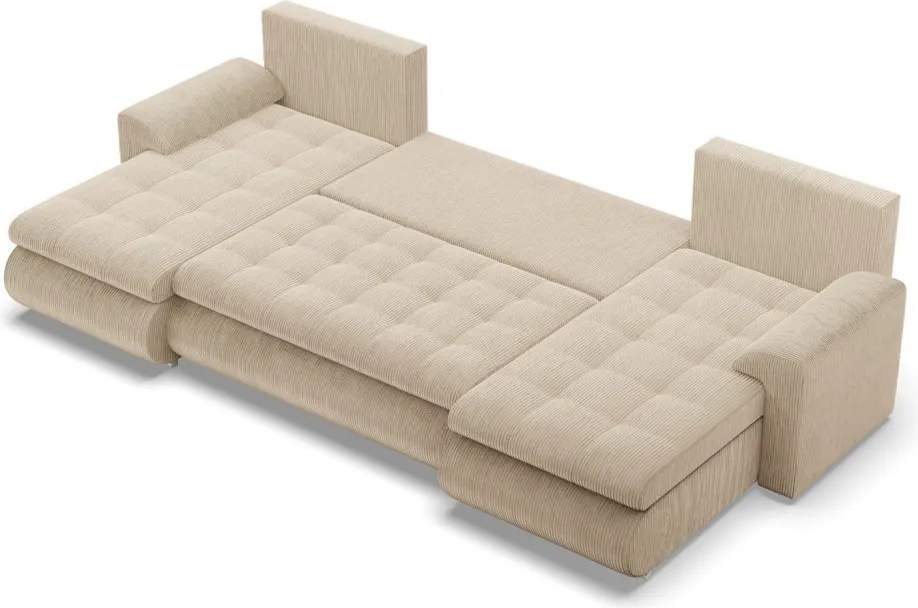 Tokio U alakú sarokkanapé, 3 ágyneműtartóval, kordbársony, univerzális oldal, bézs