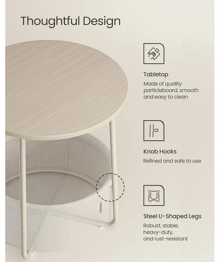 Kerek asztal, kis dohányzóasztal szövetkosárral, krémfehér