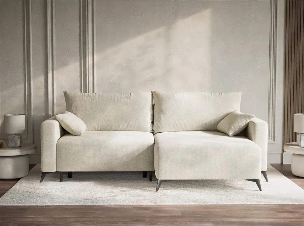 Krémszínű zsenília kinyitható-tárolóhelyes sarokkanapé (jobb oldali-heverő résszel) Leon – Maison de Rêve