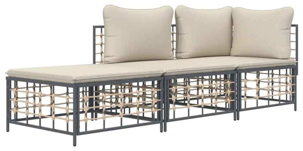 3 részes antracitszürke polyrattan kerti ülőgarnitúra párnákkal