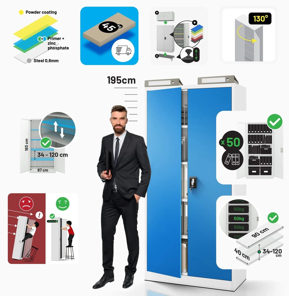 Fém iratszekrény JAN H, 900 x 1950 x 400 mm, szürke-kék