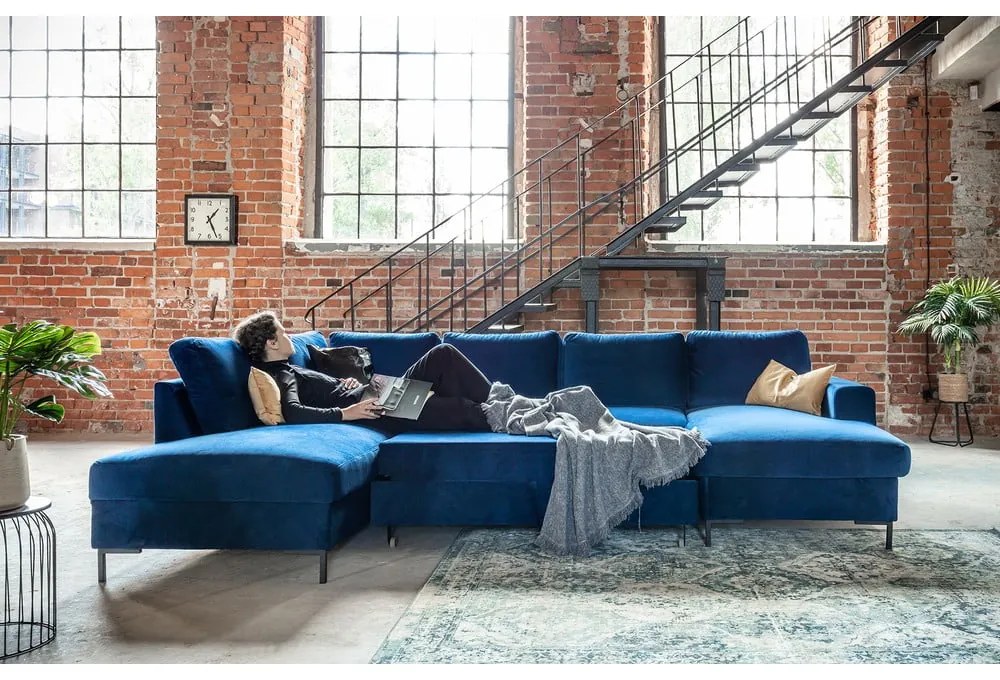Lofty Lilly matrózkék kinyitható U alakú bársony kanapé, bal oldali - Miuform