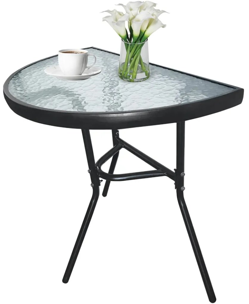 Kerti félkör alakú asztal üveglappal ISLAND 70x40 cm, fekete