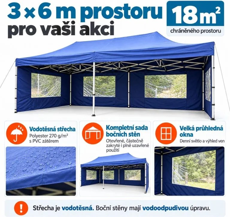 GARTHEN Kerti sátor összecsukható PROFI 3 x 6 m kék