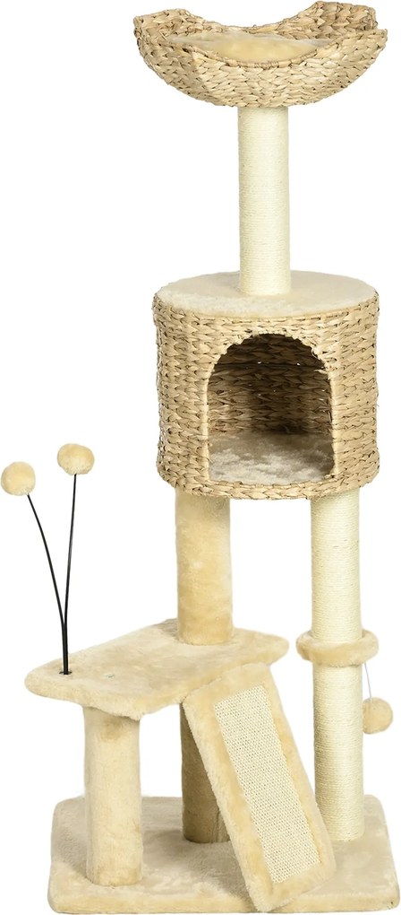 PawHut macskakaromfa 116 cm macskafa macskaodúval, macskaággyal, beltéri mászótoronnyal labdával, kaparódeszkával, plüss macskabútorral 5 kg-ig, Bézs
