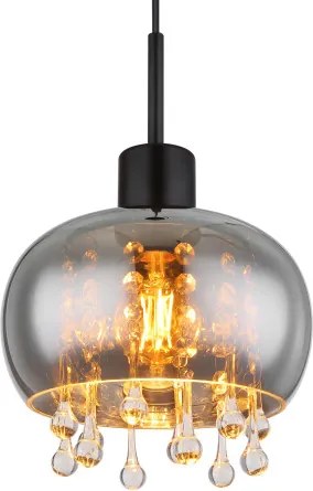 Globo 15839H Függeszték fém matt fekete, füstszínű üveg, átlátszó üvegkristályok, kábeltextil fekete, magassága lerövidíthető (függőlámpa), ø: 210mm, M:1200mm, nem tartozék: 1x E27 LED 9W 230V