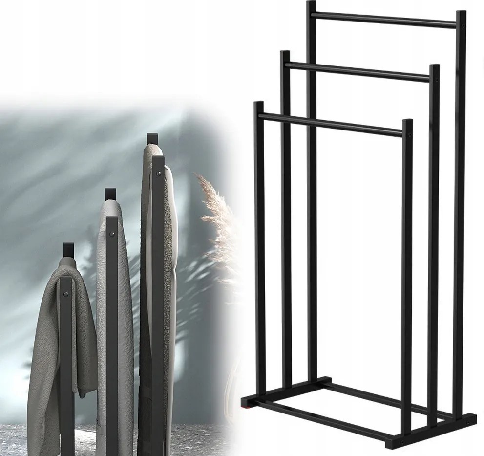 Törölközőtartó Állvány Fekete Fürdőszobai Álló Akasztó 3 Karos