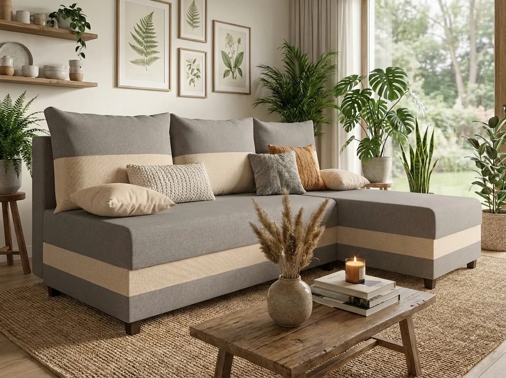 Kinyitható kétoldalas L-alakú sarokgarnitúra VALERIO SLIM 200x140 cm, világosszürke/bézs + 2 párna AJÁNDÉKBA