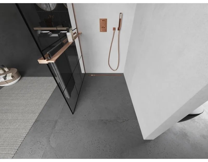 Mexen Kioto+, Walk-In zuhanyparaván polccal és akasztóval 110 x 200 cm, 8 mm átlátszó üveg fekete mintával, réz matt profil, 800-110-121-65-77