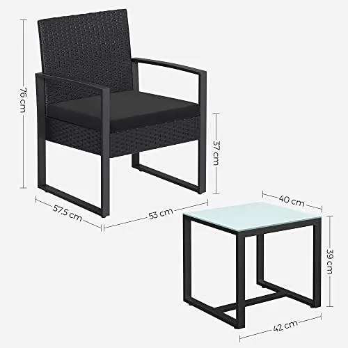 Kerti bútorszett, terasz ülőgarnitúra, polyrattan, asztal és 2 szék, fekete