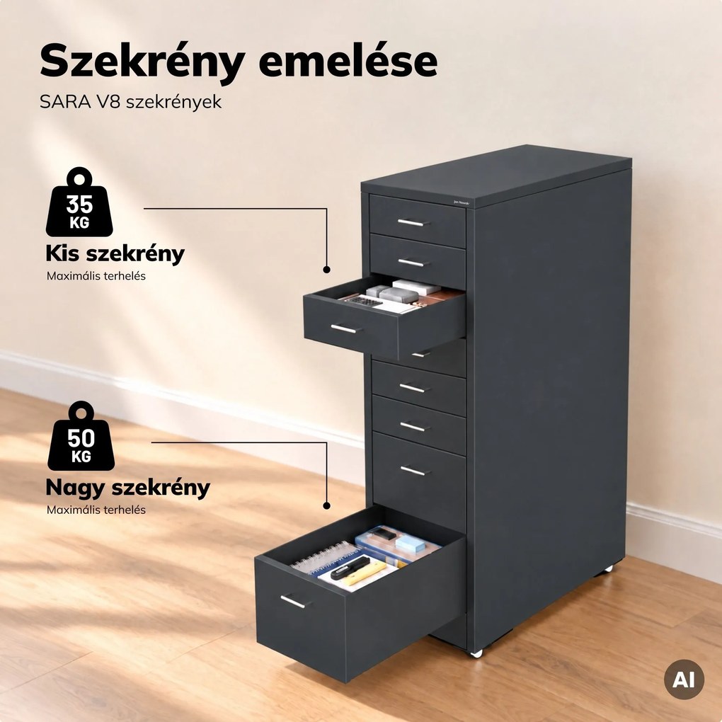 Kartotékszekrény görgőkkel, fém, 8 fiókos, dokumentumokhoz, antracit, 300x1100x600 mm: SARA V8