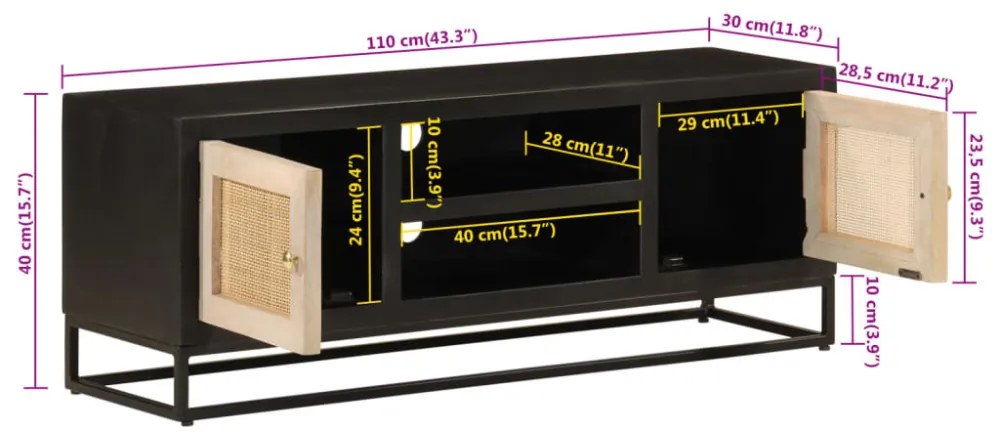 fekete tömör mangófa és vas TV-szekrény 110 x 30 x 40 cm