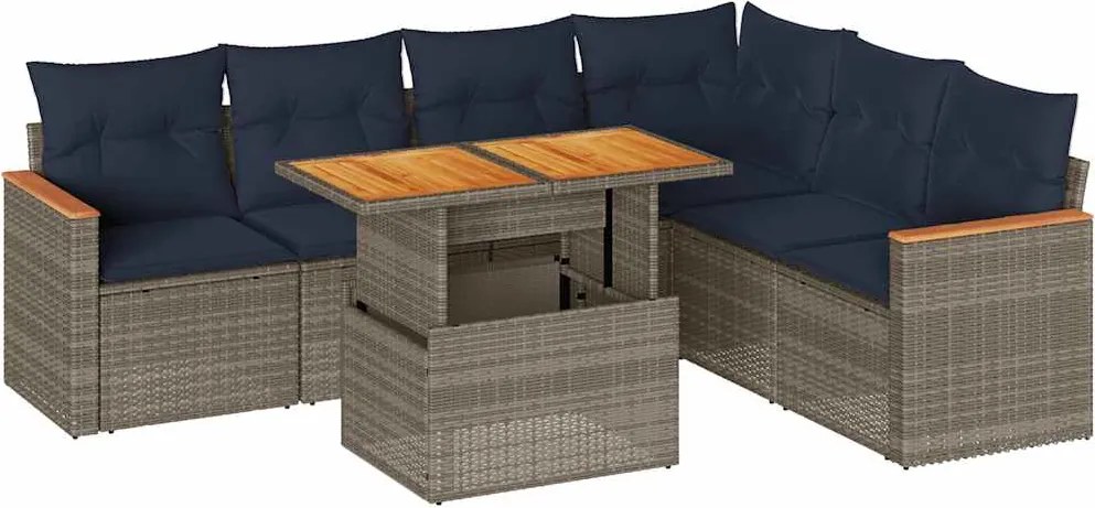 vidaXL 7 részes szürke polyrattan kerti ülőgarnitúra párnákkal