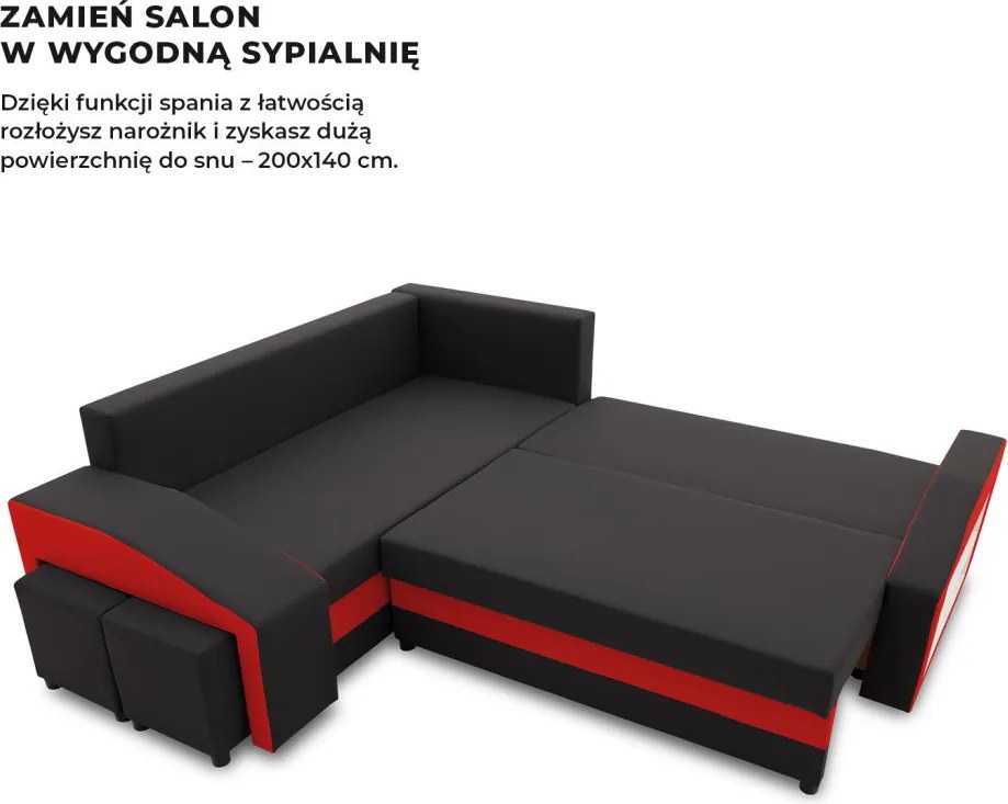 Grande sarokkanapé polcokkal és puffokkal , polc a jobb karfaban puffok a bal karfaban, baloldali, szövet anyag, hab töltet, fekete - piros