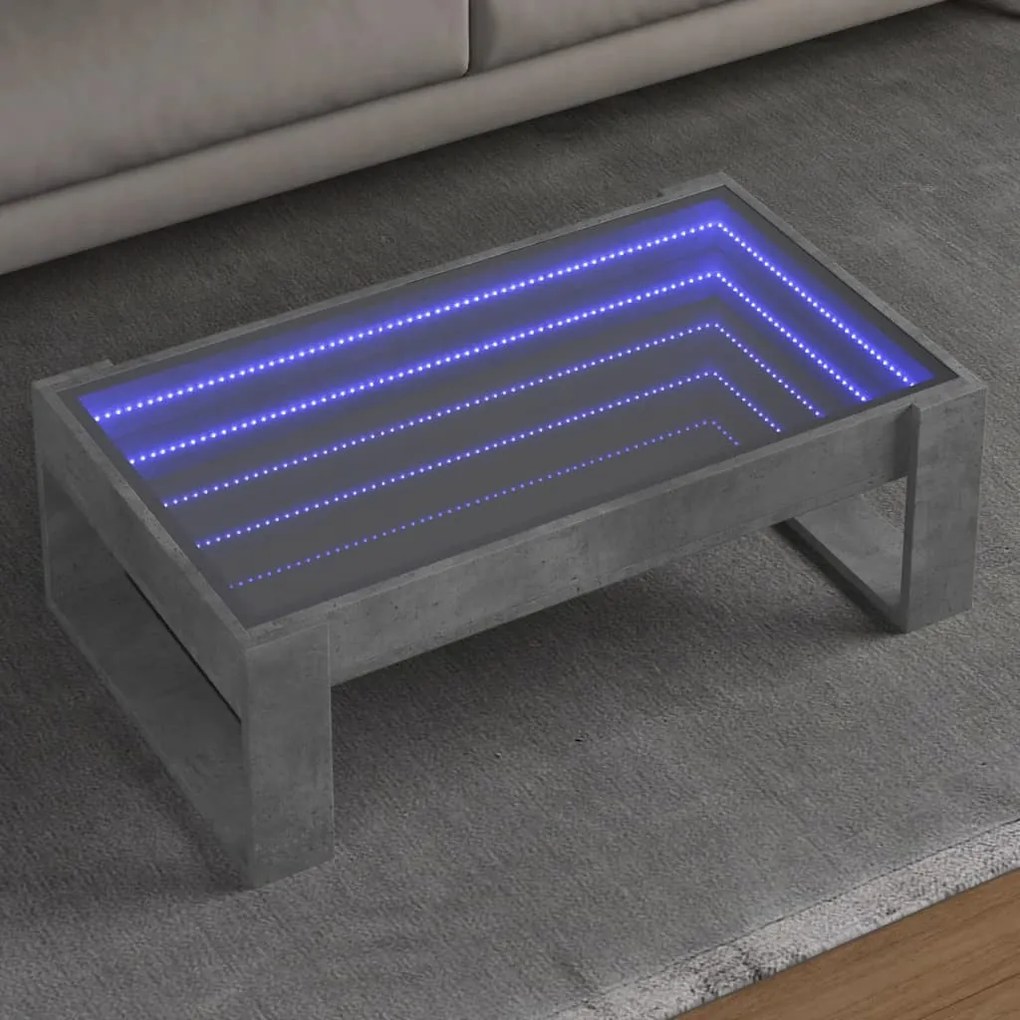 Betonszürke végtelen hatású LED-es dohányzóasztal 90x53x30 cm
