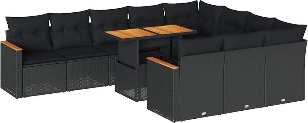vidaXL 11 részes fekete polyrattan akácfa kerti ülőgarnitúra párnákkal