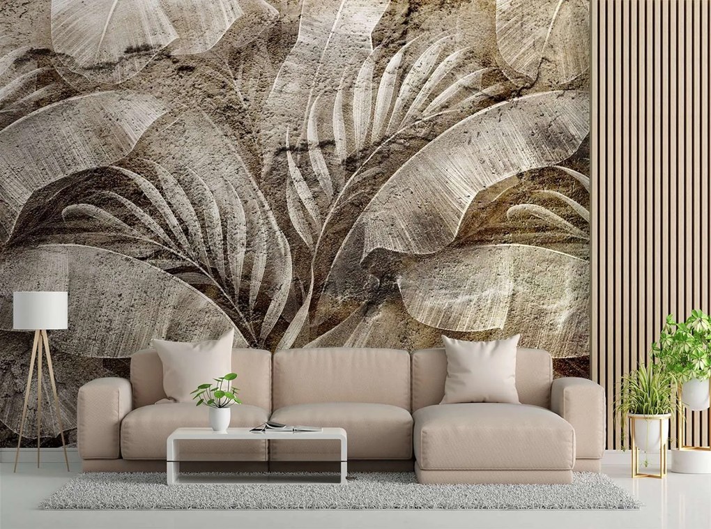 Gario Fotótapéta Trópusi levelek a betont imitáló textúrán Anyag: Vlies, Méret: 450 x 315 cm