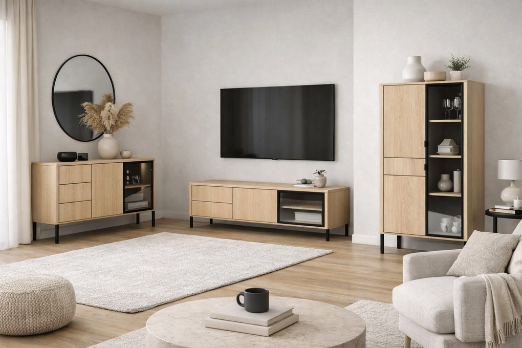 Harmona magas vitrin 92 cm fiókkal és világítással - lindberg tölgy