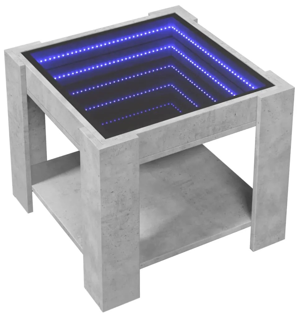 Betonszürke szerelt fa dohányzóasztal LED-del 53 x 53 x 45 cm