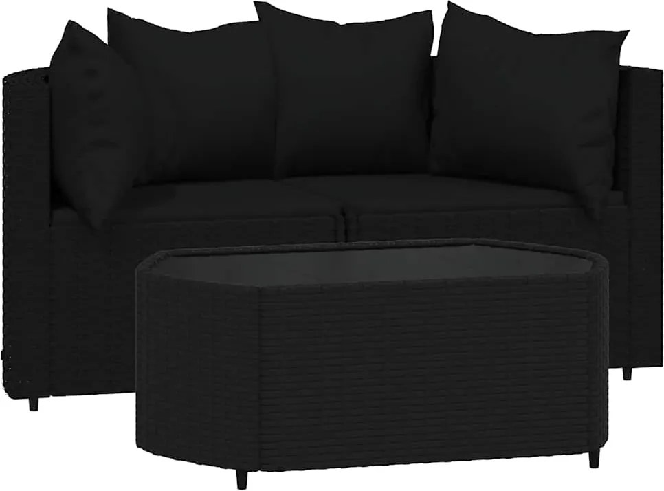 vidaXL 3 részes fekete polyrattan kerti ülőgarnitúra párnákkal