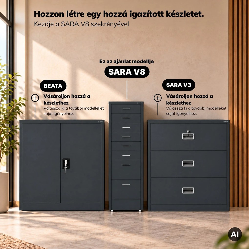Kartotékszekrény görgőkkel, fém, 8 fiókos, dokumentumokhoz, antracit, 300x1100x600 mm: SARA V8