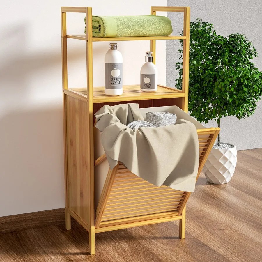 Bambusz polc 36 literes billenő szennyeskosárral - 95 x 40 x 30 cm