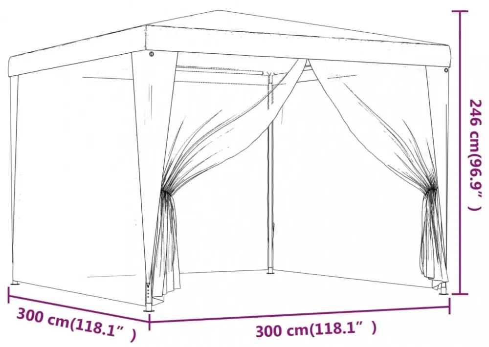 piros HDPE rendezvénysátor 4 hálós oldalfallal 3x3 m