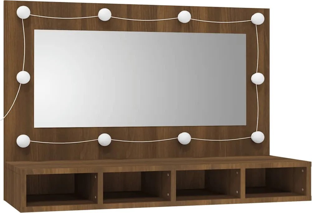 Barna tölgy színű tükrös szekrény LED-ekkel 90 x 31,5 x 62 cm
