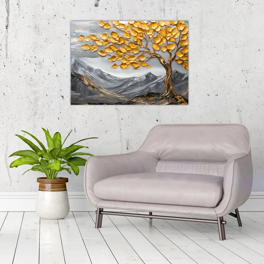 Üveg kép – Fa arany levelekkel (70x50 cm)