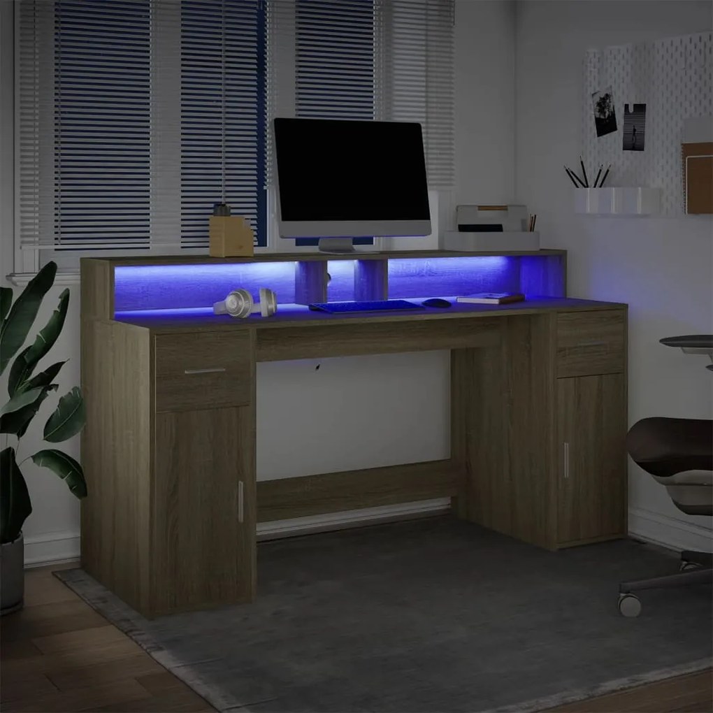 sonoma tölgy színű szerelt fa íróasztal LED-ekkel 160x55x91 cm