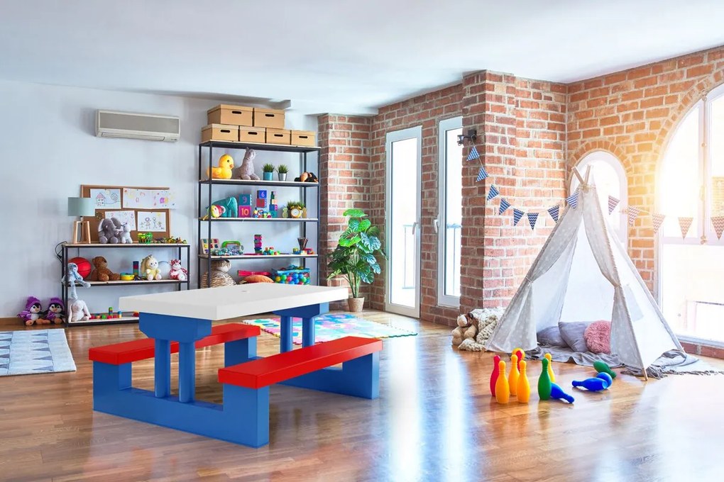 JASMIN gyerek ülőgarnitúra napernyővel, 67x78,5x42,5cm, kék/fehér/piros Spielwerk