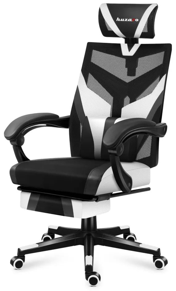 Gamer szék ergonomikus lábtartóval, fekvőtámasz , fekete-fehér.