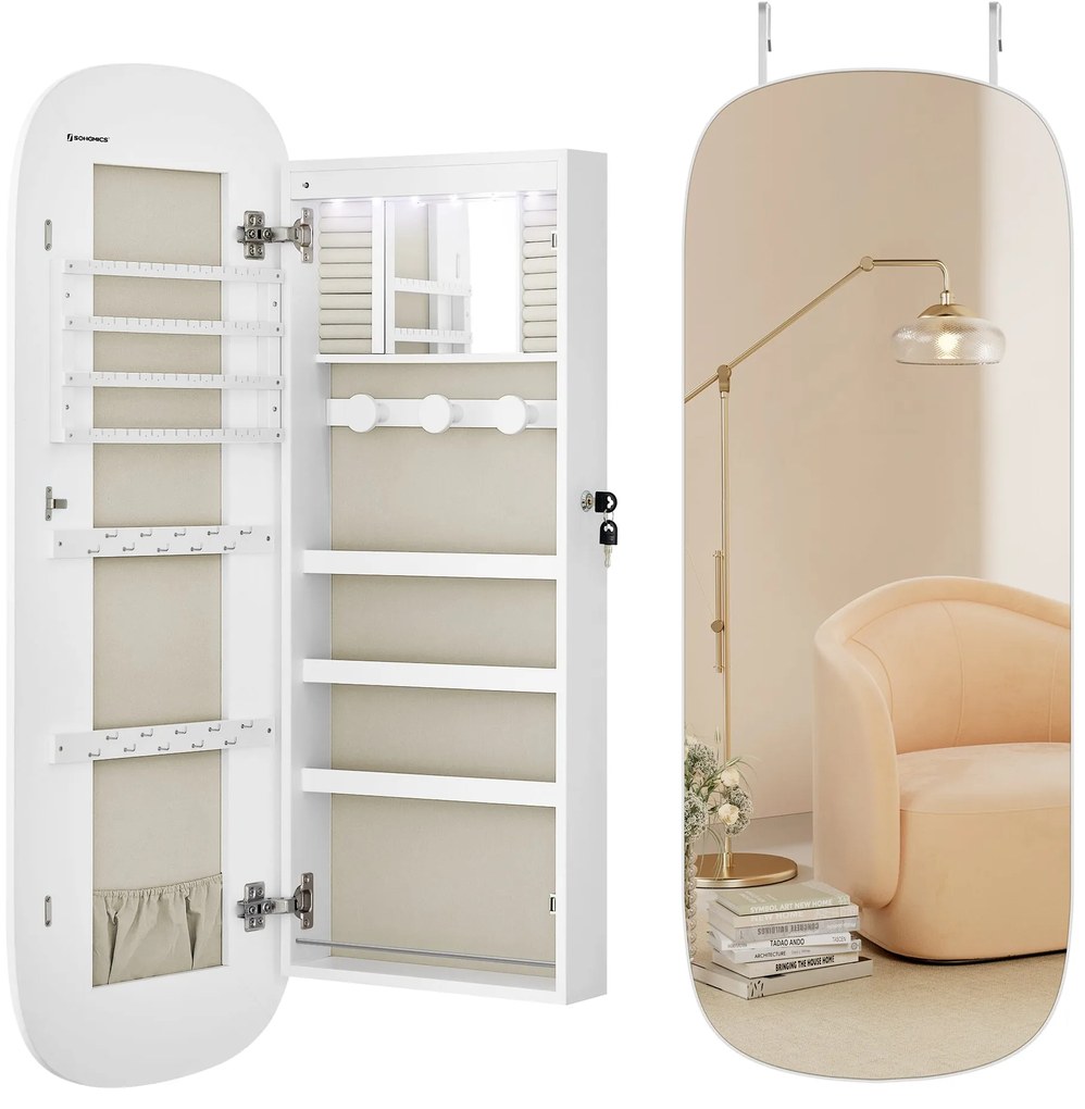 led-es tükör ékszertárolóval 10×42×108 cm, fehér