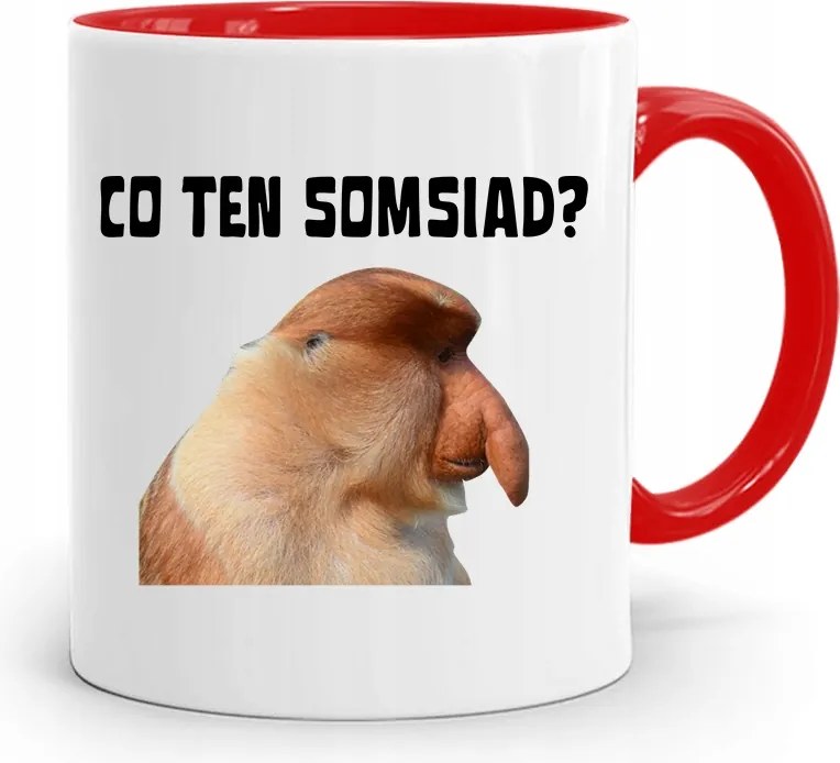 Piros Hordozós Bögre Janusz Co Ez A Somsiad nyomott mintával, fényképpel