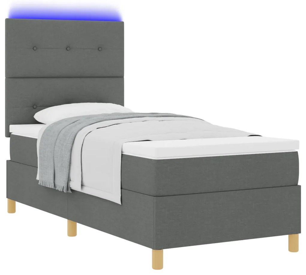 Boxspring ágy matraccal és LED világítással, Sötétszürke, 90x200 cm Szövet