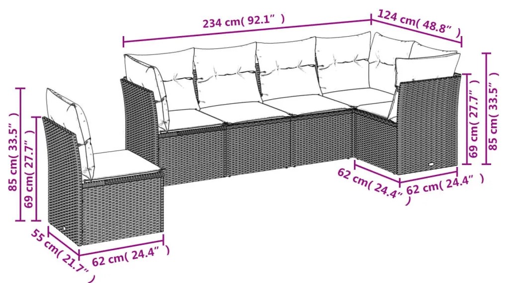 6 részes világosszürke polyrattan kerti ülőgarnitúra párnákkal