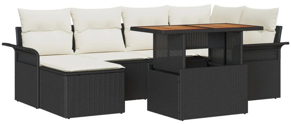 7 darabos kerti étkező garnitúra párnákkal fekete poli rattan akácia